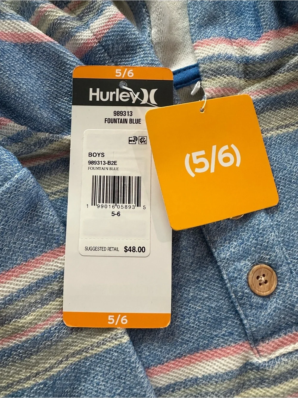 Hurley Hooded Henley Pullover NWT Boys Size 5/6 Blue Striped Sweatshirt